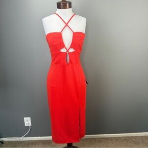 Lulus NWT Sultry Muse Red Orange Cutout Sleeveless Bodycon Midi Dress Sz XL